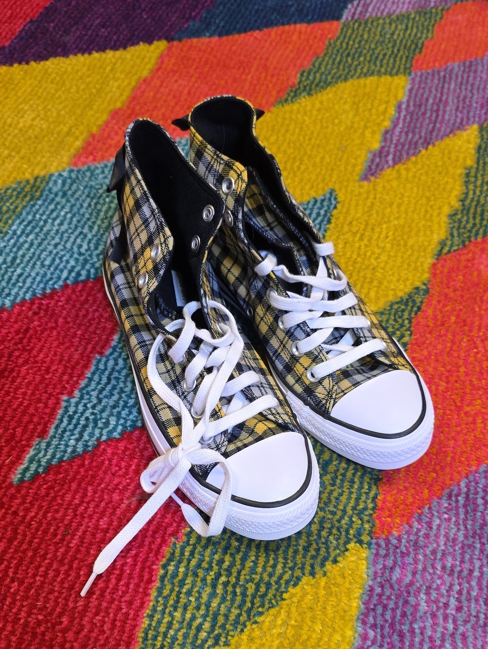 Yellow Plaid High-Top Canvas Sneakers - Classic Style